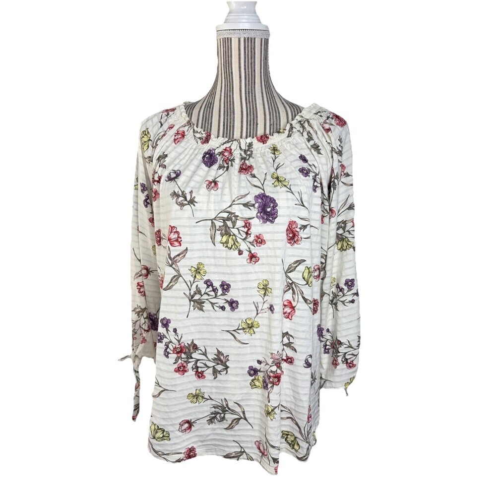 Ralph Lauren Boat Neck Womens LARGE Cream Boho Floral Top Shirt 100% cotton